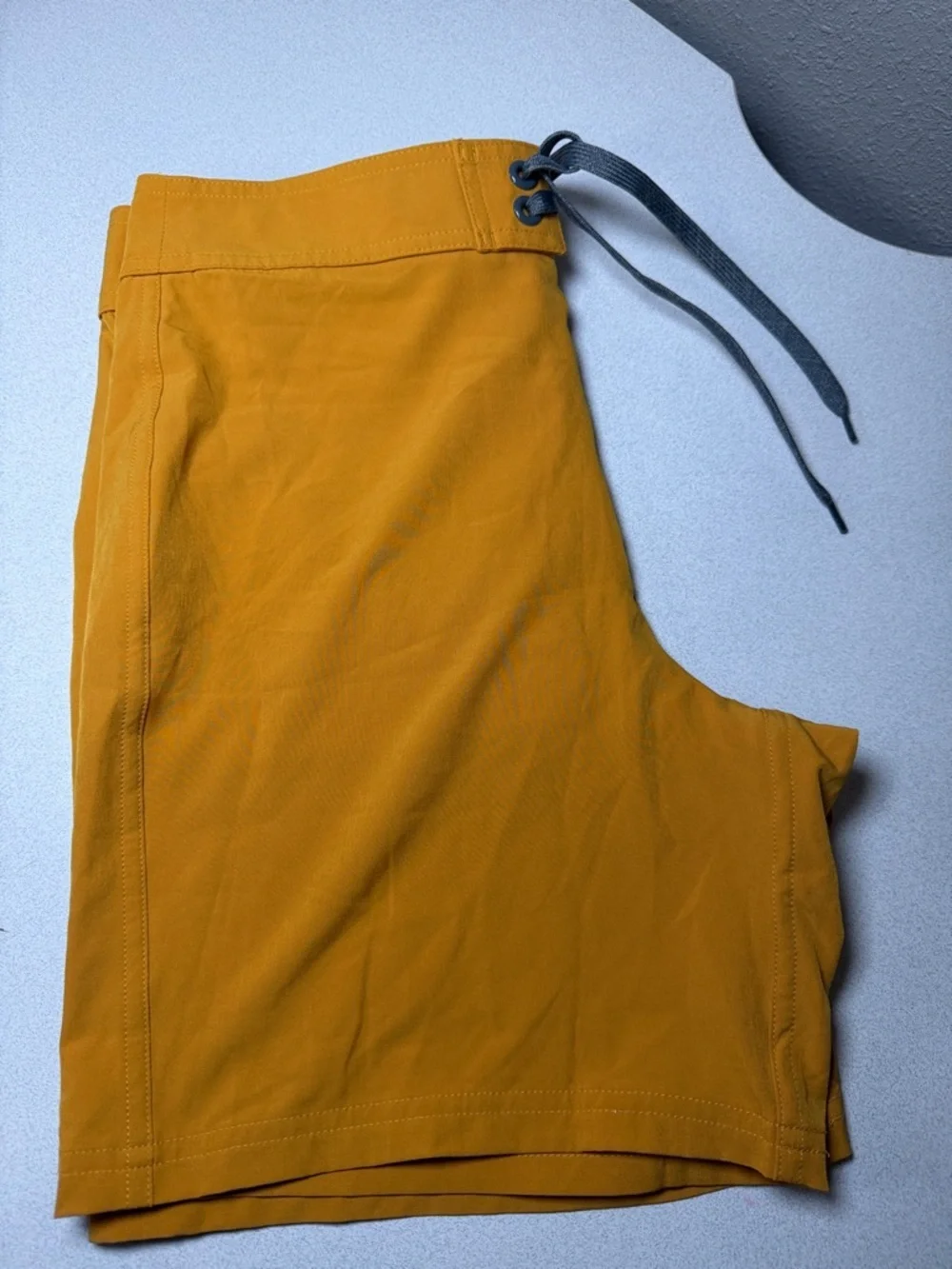 Prana Men's Mustard Yellow Swim Board Shorts with Gray Drawstring